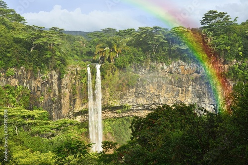 Chamarel Waterfall, Cascade Chamarel with Rainbow, Mauritius, Africa photo