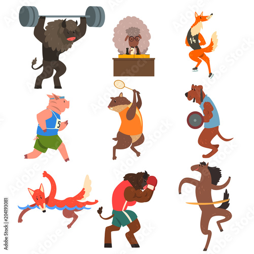 Animals doing exercise in the gym, fitness and healthy lifest.yle vector Illustrations on a white background