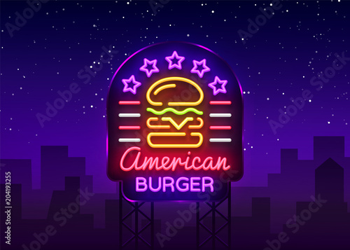 Burger logo vector. American burger, design template light emblem, burger street food neon sign, light banner, neon night fast food advertisement, billboard design element sandwich. Billboard