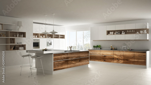 White modern minimalistic kitchen, with classic wood fittings, panoramic window, luxury interior design