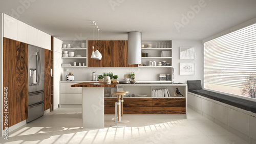 Modern kitchen with classic wooden fittings and panoramic window  white minimalistic interior design