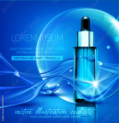 Blue illustration. Vector glass vial with professional facial serum on  the background of waves and bubbles. Template cosmetic products with oil Q10. 