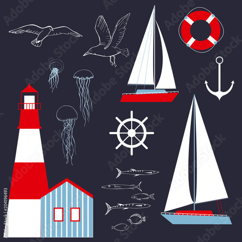 Sea set with yacht and  lighthouse. Vector illustration