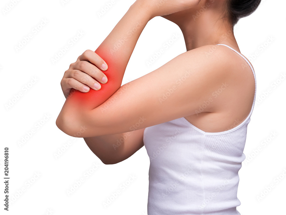 woman suffering from arm pain, painful in arm muscles. red color highlight at arm , arm muscles isolated on white background. health care and medical concept. studio shot
