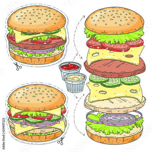 Vector sticker icon. Cartoon tasty big hamburger with cheese and sesame seeds.