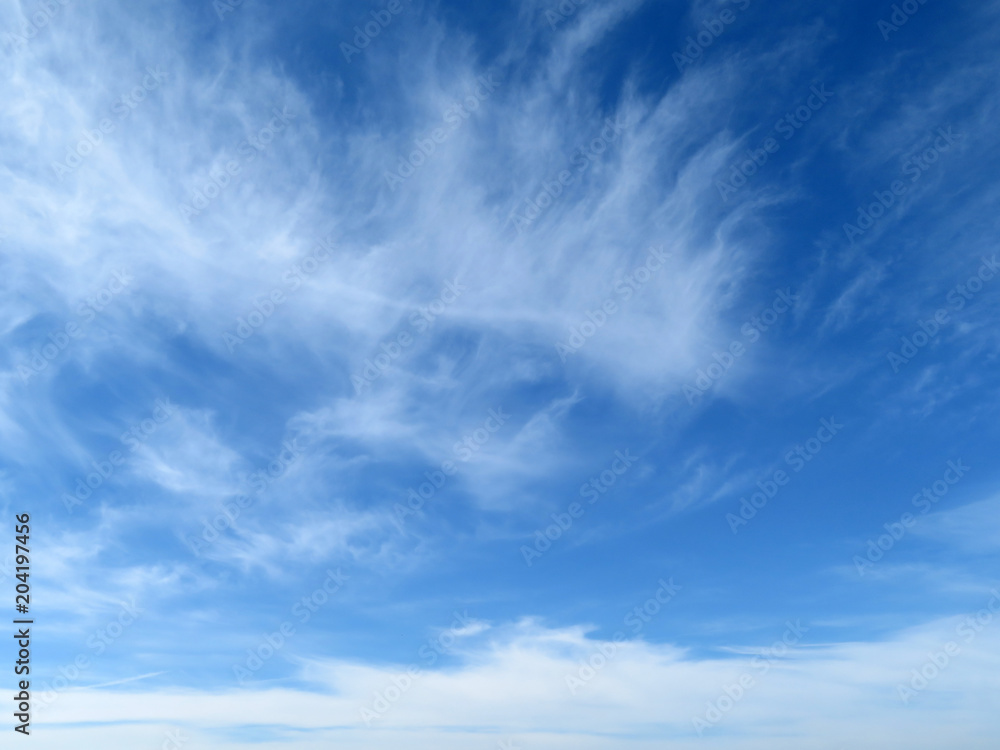 White feathered clouds in the blue sky. Beautiful sky background with cirrus clouds White feathered clouds in the blue sky. Beautiful sky background with cirrus clouds