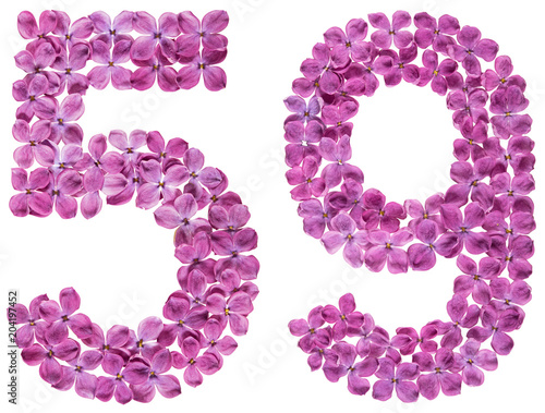 Arabic numeral 59, fifty nine, from flowers of lilac, isolated on white background photo