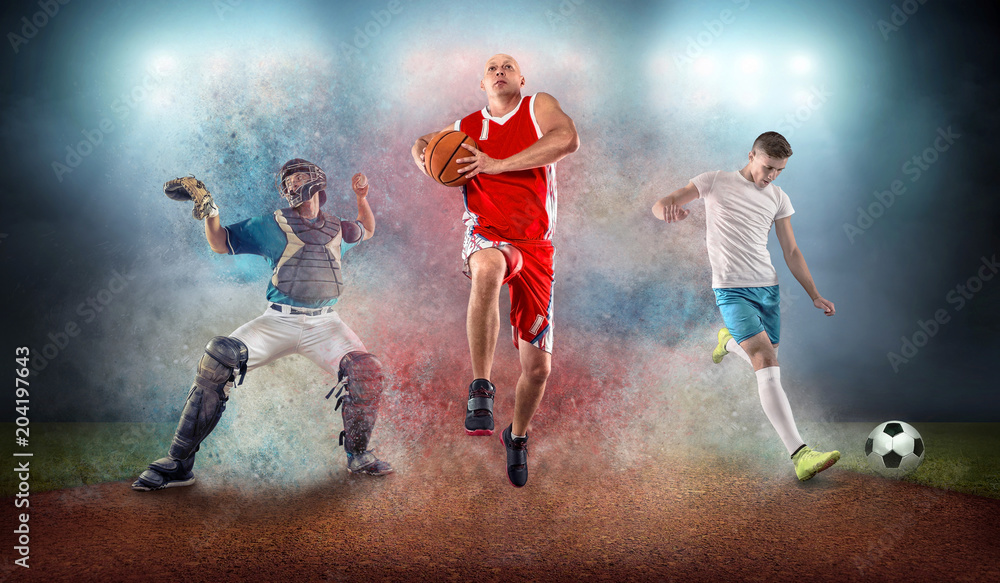Collage of team sport players in action around color splash drops Collage of team sport players in action around color splash drops