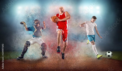Collage of team sport players in action around color splash drops © Andrii IURLOV