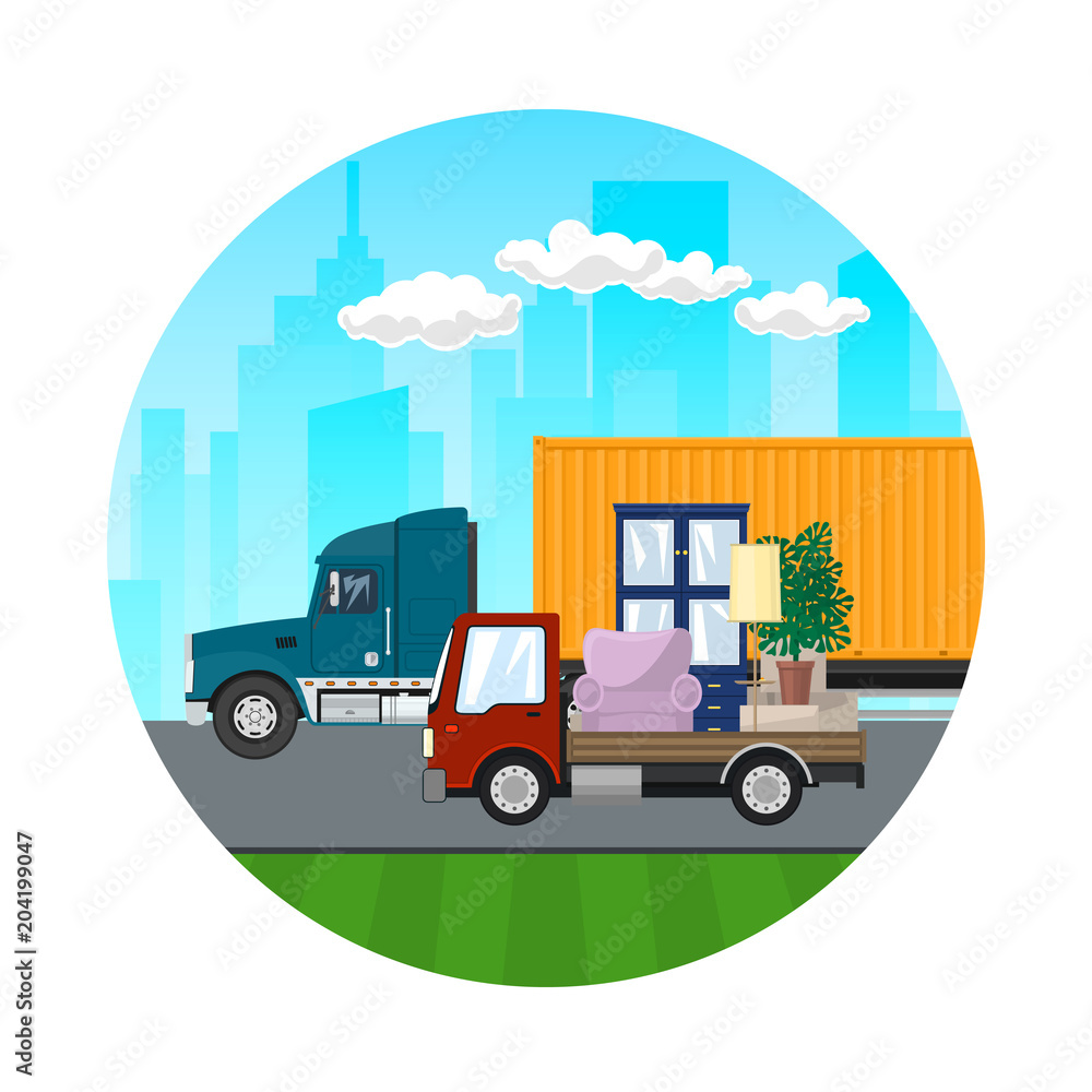 Road Transport and Logistics, Truck and Small Cargo Van with Furniture Drive on the Road on the Background of the City, Icon of Transport Services, Vector Illustration