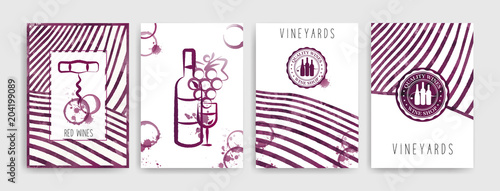 Collection of templates with wine designs. Brochures, posters, invitation cards, promotion banners, menus. Wine stains background.