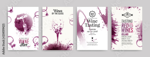Collection of templates with wine designs. Brochures, posters, invitation cards, promotion banners, menus. Wine stains background.