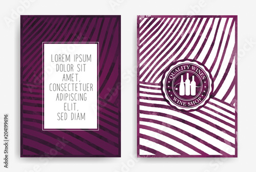 Templates with wine designs. Drawing of rows of vineyards with wine stains. Brochures, posters, invitation cards, promotional banners, menus, book covers. n
