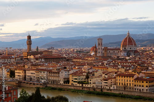 Florence, river embankment of Arno and Cathedral of Santa Maria del Fiore, Italy