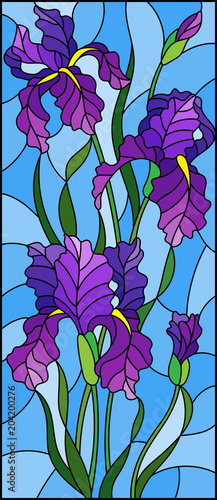 Fototapeta Naklejka Na Ścianę i Meble -  Illustration in stained glass style with purple bouquet of irises, flowers, buds and leaves on blue background