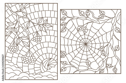 Set of outline illustrations stained glass Windows with Rowan branches and cobwebs on the sky Bon, dark contours on a light background