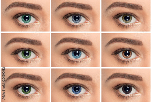 close up,collage of eyes with different color, green, gray and blue color shade on color contact lenses on human eye photo