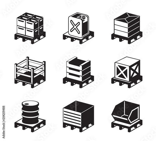 Pallets with containers for different goods - vector illustration
