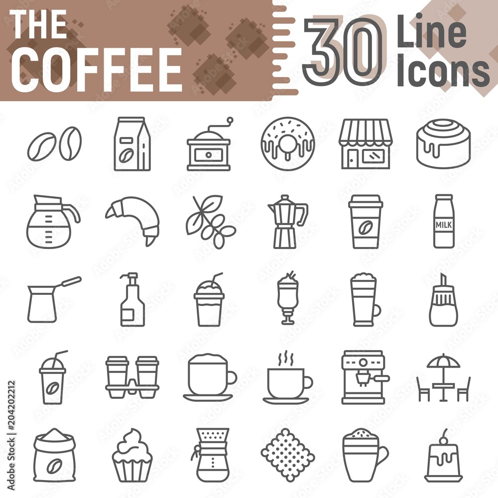 Coffee line icon set, coffee shop symbols collection, vector sketches, logo illustrations, sweets signs linear pictograms package isolated on white background, eps 10. Coffee line icon set, coffee shop symbols collection, vector sketches, logo illustrations, sweets signs linear pictograms package isolated on white background, eps 10.