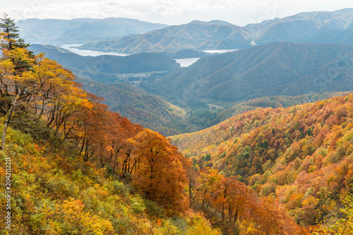 High mountain road and lakes view of beautiful autumn season at Shirabu pass, Japan.