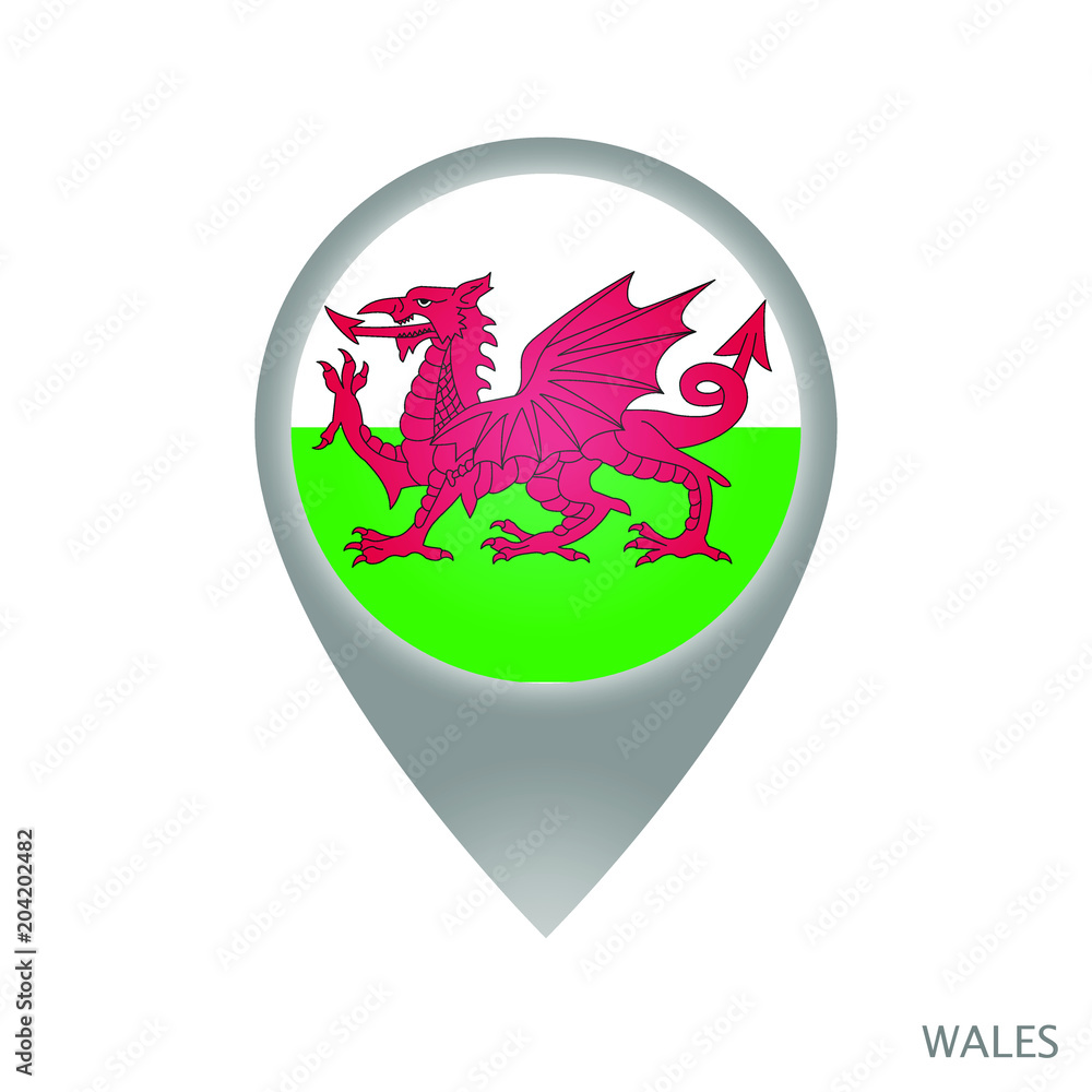 Map pointer with flag of Wales. Gray abstract map icon. Vector Illustration. Map pointer with flag of Wales. Gray abstract map icon. Vector Illustration.