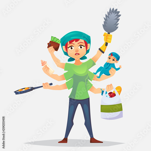 The typical woman that has a lots of chores to do Multitasking mother. Modern woman - with baby, working, cooking and make a shopping. Vector flat cartoon illustration.