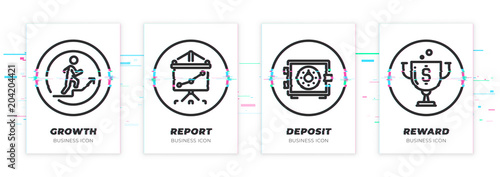 Glitched stick on stairs, presenter, safe, cup icons set.