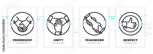 Glitched handshake, teawork, assistance, like icons set. photo