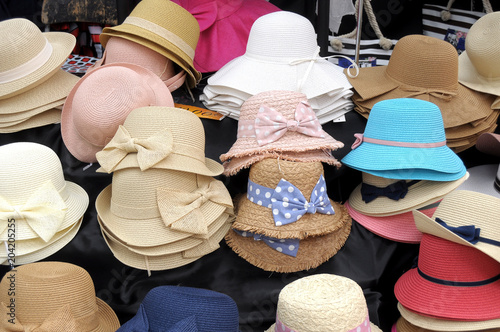 Men's and women's hats on display in the village of Iseo on the occasion of a festival - Brescia - Italy 098