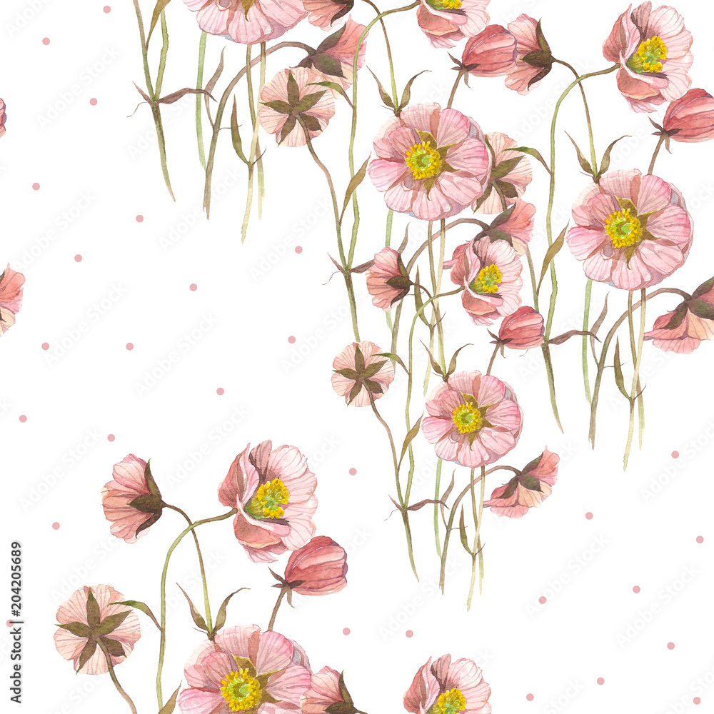 Seamless pattern Wild flower. Watercolor floral illustration. Botanical decorative element. Flower concept. Botanica concept.