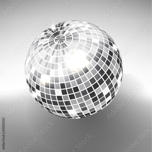 Disco ball isolated on grayscale background. Night Club party light element. Bright mirror silver ball design for disco dance club. Vector