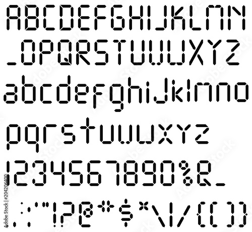Digital font. Alarm clock letters. Numbers and letters set for a digital watch and other electronic devices. Vector alphabet isolated.