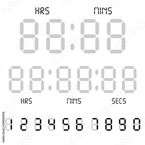 Digital clock. Calculator digital numbers. Alarm clock letters. Numbers set for a digital watch and other electronic devices. Vector 10 EPS.