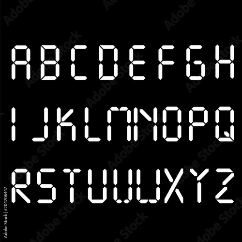 Digital font. Alarm clock letters. Numbers and letters set for a digital watch and other electronic devices. Vector alphabet isolated.