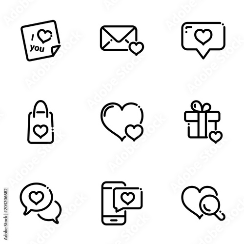 Set of black icons isolated on white background, on theme Valentine's Day