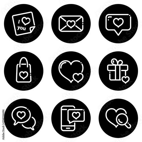 Set of white icons isolated against a black background, on a theme Valentine's Day