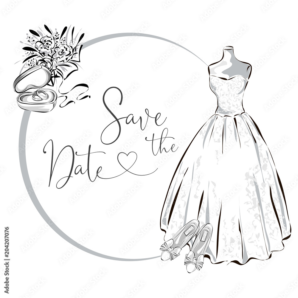 Wedding clipart set with wedding dress, flowers and wedding rings ...