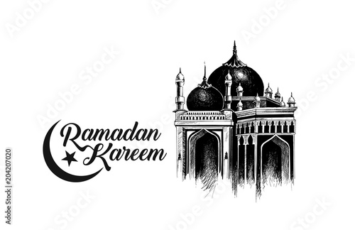 Ramadan Kareem Mosque or Masjid with calligraphy stylish lettering Ramadan Kareem text. vector illustration.