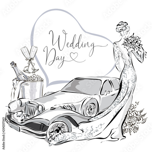 Wedding clipart set with beautiful bride, wedding limousine and champagne in ice bucket, black and white wedding greeting card or invitation template vector illistration