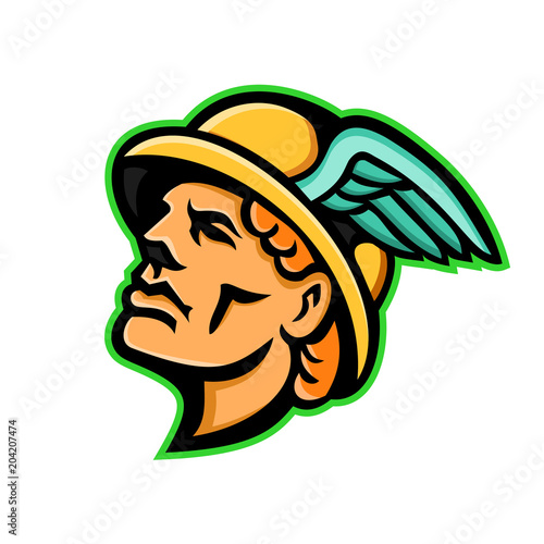 Mascot icon illustration of head of Hermes, Greek god in religion and mythology with winged cap looking up viewed from side on isolated background in retro style.