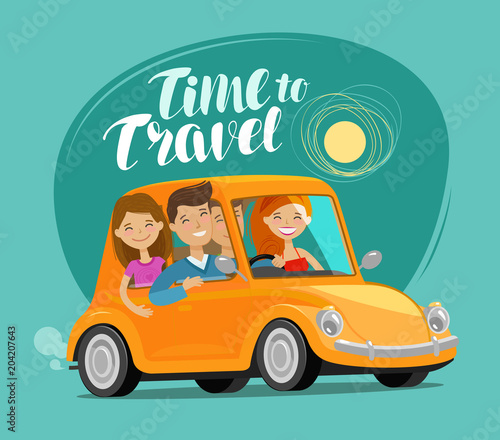 Travel concept. Happy friends ride retro car on journey. Funny cartoon vector illustration
