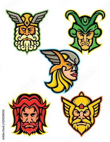 Mascot icon illustration set of heads of Norse gods such as Odin, Wodan, Woden or Wotangod, Loki, valkyrie warrior, Baldr, Balder or Baldur and Thor on isolated background in retro style.