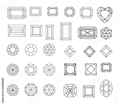 Diamond. Vector set of gems drawing line. Crystal forms. Geometric shapes of precious stones. Jewelry outline contour. Geometry figures. Diamond design elements.