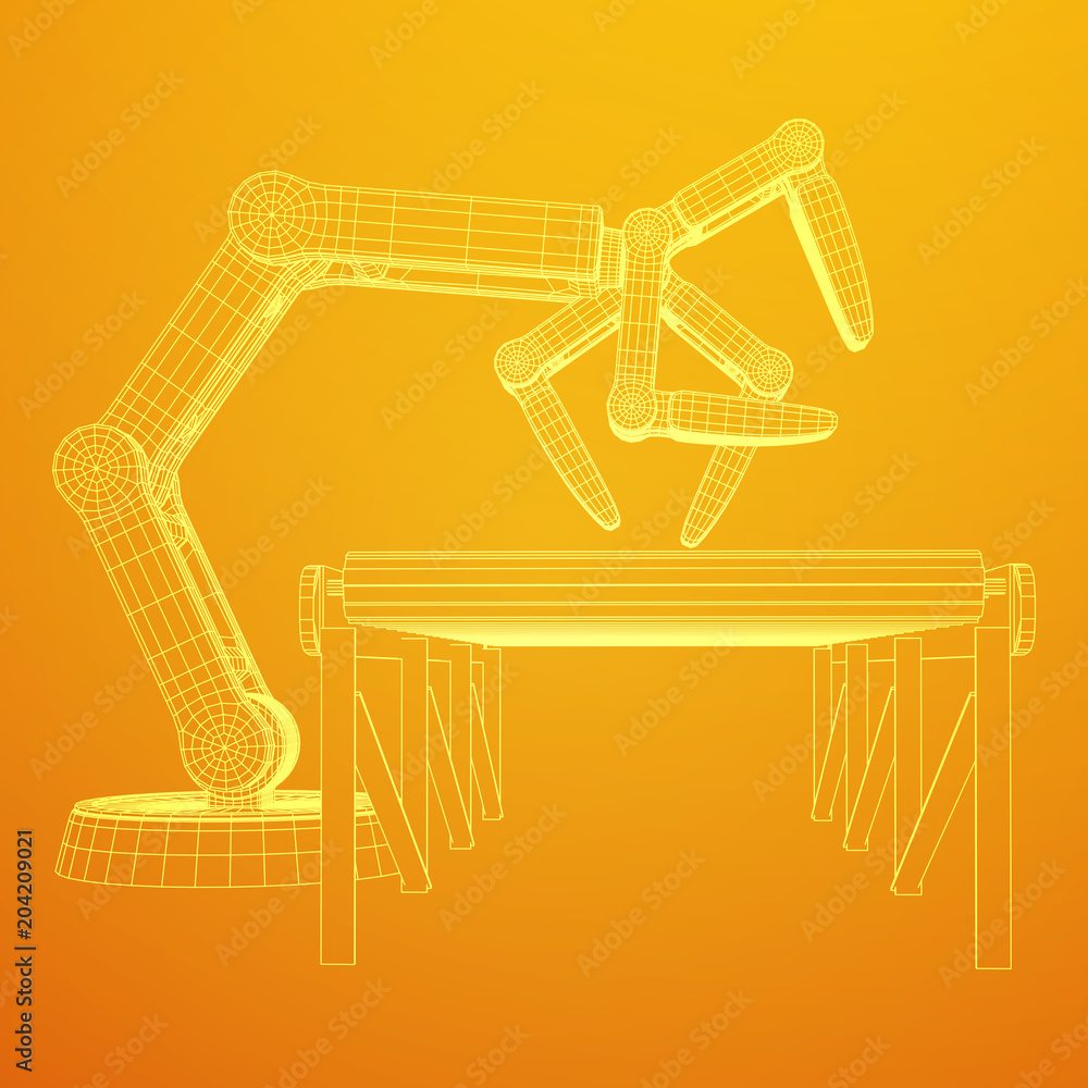 Robotic arm manufacture technology industry assembly mechanic hand and regular empty roller conveyor section wireframe low poly mesh vector illustration