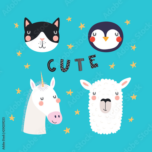 Fototapeta Naklejka Na Ścianę i Meble -  Hand drawn vector illustration of a cute funny animal faces, with lettering quote Cute. Isolated objects. Scandinavian style flat design. Concept for children print.