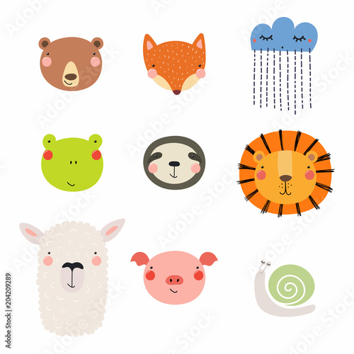 Set of cute funny hand drawn different animal faces, snail, cloud with rain. Isolated objects. Vector illustration. Scandinavian style flat design. Concept for children print.