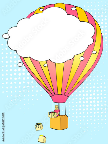 Pop art background. Get rid unnecessary things. Woman is throwing clothes out balloon. imitation comic style. Text bubble