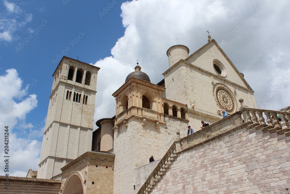 Assisi, Umbria, Italy. Facade of the Papal Basilica of San Francesco d'Assisi (St. Francis). The Franciscan monastery.