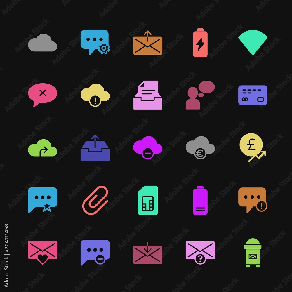 Modern Simple Colorful Set of money, cloud and networking, chat and messenger, mobile, email Vector fill Icons. Contains such Icons as and more on dark background. Fully Editable. Pixel Perfect Modern Simple Colorful Set of money, cloud and networking, chat and messenger, mobile, email Vector fill Icons. Contains such Icons as and more on dark background. Fully Editable. Pixel Perfect