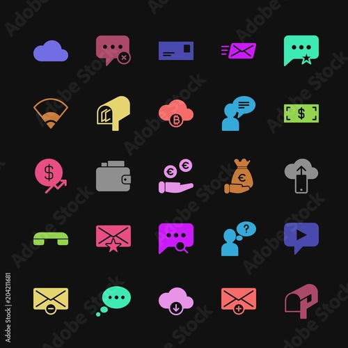 Modern Simple Colorful Set of money, cloud and networking, chat and messenger, mobile, email Vector fill Icons. Contains such Icons as and more on dark background. Fully Editable. Pixel Perfect
